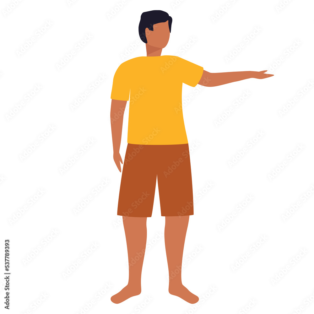 African American or Latin America man standing with outstretched hand. Pointing into the distance. Vector illustration.