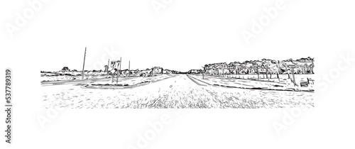 Building view with landmark of Palm Bay is the city in Florida. Hand drawn sketch illustration in vector.