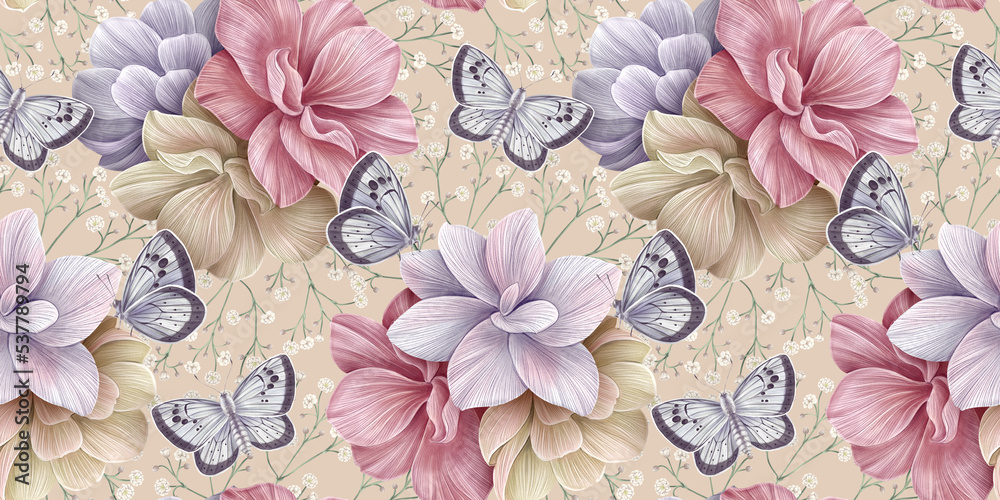 custom made wallpaper toronto digitalBig blue butterflies, hydrangea flowers bouquets in delicate pastel rose pink, beige, purple colors. Tropical hd wallpaper, luxury mural, premium texture. Watercolor 3d illustration. High quality art