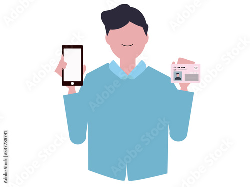 マイナンバーカードとスマホを持って説明をする男性。電子証明書、マイナポータル、アプリ、サービス。