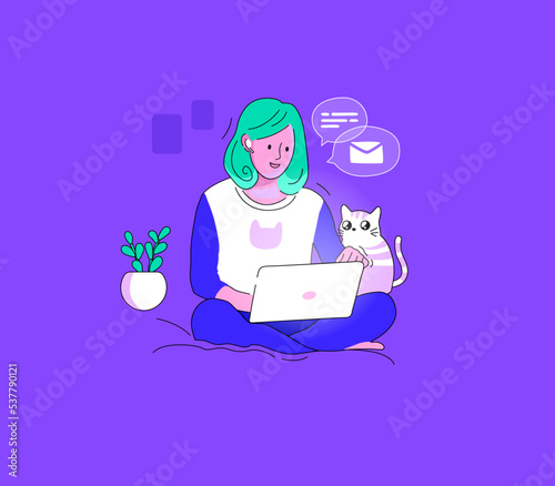 cute girl working remotely at home with a cat. Freelance or studying concept. Receives mail and chat at night