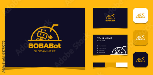 Template Logo Creative Boba Robot, Boba Drink, Beverage. Creative Template with color pallet, visual branding, business card and icon.