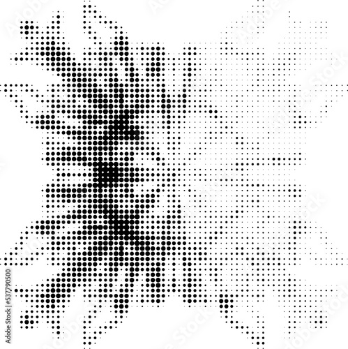 A four-axis dotted halftone mandala with petals   with the upper right quadrant  lightened. Contour of dots  polka dots  blots  spots  slicks  strokes. Space for copy text. Vector.
