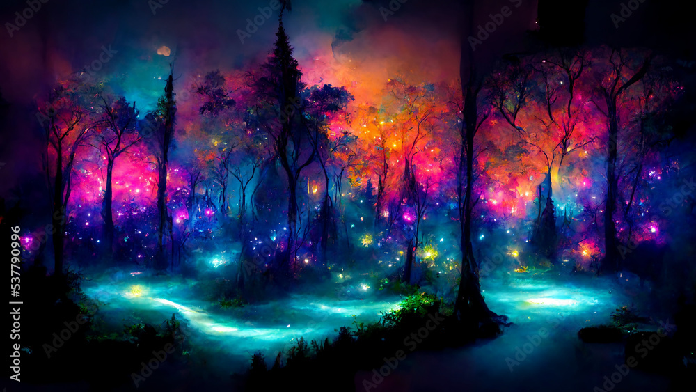 Colorful Dark Night Fairytale Fantasy Forest Landscape with Magical Glows, Abstract forest with Magic Fantasy Neon Lights Night Atmosphere, Fairy  Tale Forest Concept