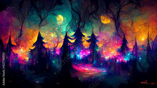 Colorful Dark Night Fairytale Fantasy Forest Landscape with Magical Glows, Abstract forest with Magic Fantasy Neon Lights Night Atmosphere, Fairy Tale Forest Concept