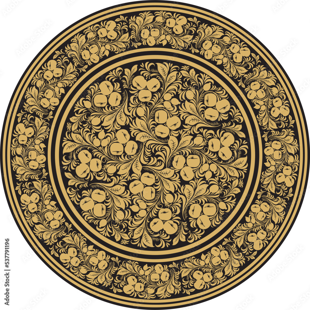 Vector gold round Russian folk ornament Khokhloma. National endless circle, tray, plate of Slavic peoples, Belarusians, Ukrainians.. Vector gold round Russian folk ornament Khokhloma. National endless circle, tray, plate of Slavic peoples, Belarusians, Ukrainians..