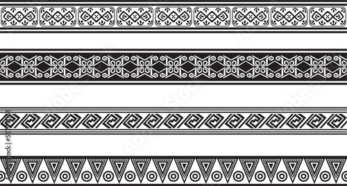 Vector set of seamless monochrome national native american ornaments. Endless ethnic black borders, frames of the peoples of America, Aztec, Maya, Incas. For sandblasting, plotter and laser cutting..