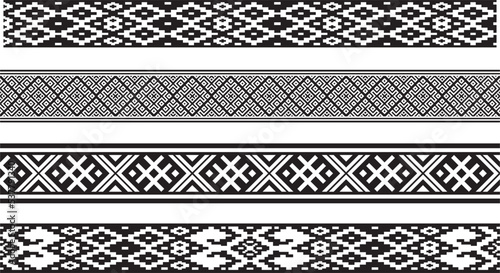 Vector set of monochrome seamless Belarusian national ornament. Ethnic endless black border, Slavic peoples frame.