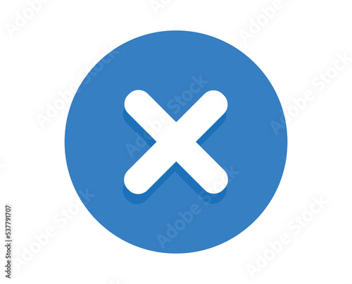 White cross mark icon on blue background.
