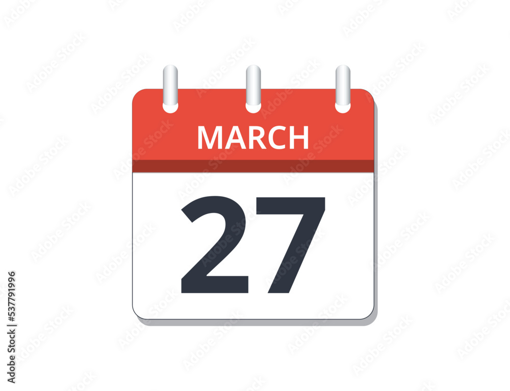 March, 27th calendar icon vector. March, 27th calendar icon vector.