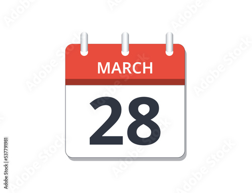 March,  28th calendar icon vector. 