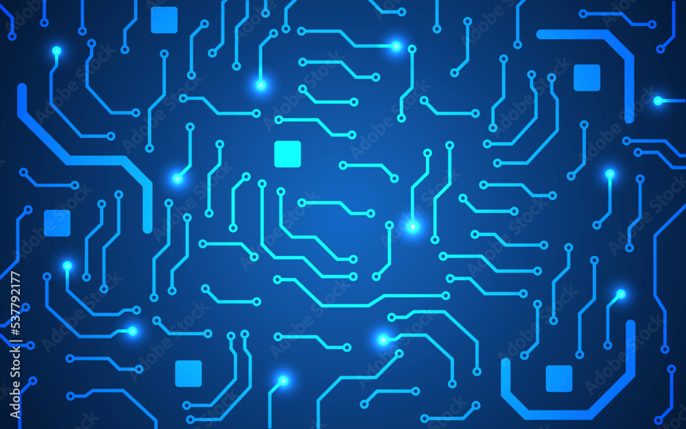 Circuit board. Blue tech background. Futuristic technology concept. Bright electronic connections. Modern motherboard wallpaper. Abstract software backdrop. Vector illustration
