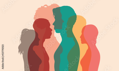 Dialogue and comparison between students. Contour line and crowd. Vector multiple exposure. Talking young people. Collared cartoon characters. 