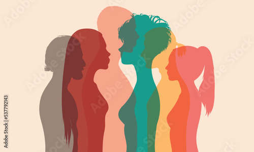 Psychology and psychiatry concept. Diversity people and teamwork. Psychotherapy and patients in treatment. The faces of multiethnic and multicultural people in a profile.
