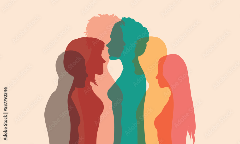 Vector illustration with cartoon characters. Women, girls, and men of diverse ethnicities. Racial equality and diversity.