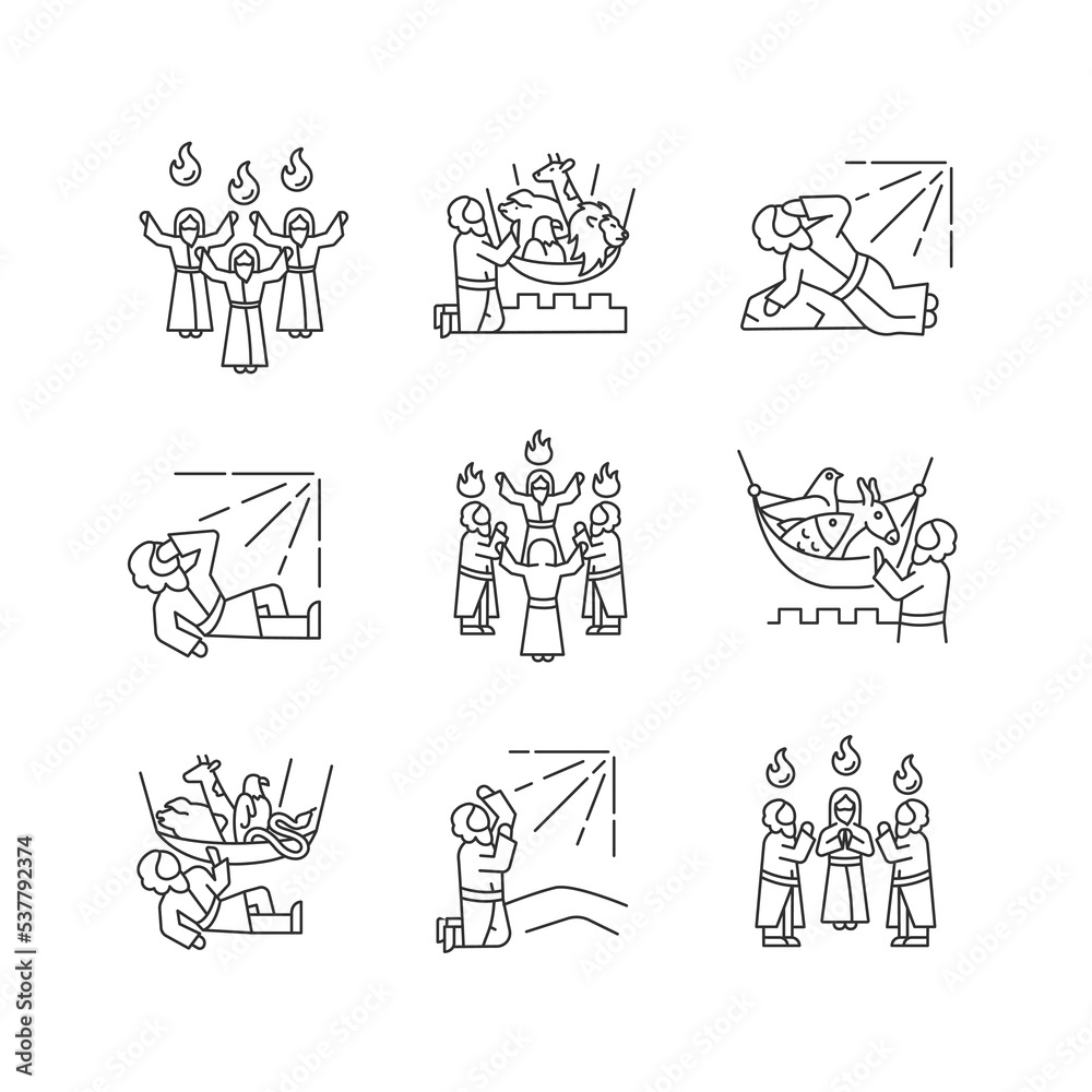 Naklejka premium Bible narratives linear icons set. Legends from Old and New Testament. Religious stories. Early christians. Customizable thin line symbols. Isolated vector outline illustrations. Editable stroke