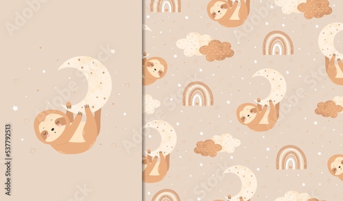 Set of posters and seamless patterns with a cute sloth hanging on the moon. Children's illustration for posters, textiles. Vector