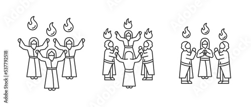 Pentecost sunday linear icons set. Religious holiday. Early christianity. Tongues of holy fire. Customizable thin line symbols. Isolated vector outline illustrations. Editable stroke
