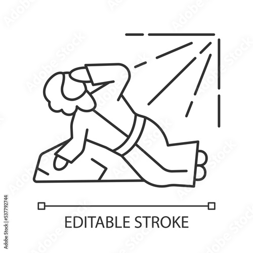 Apostle Saul conversion linear icon. Saul become Jesus Christ follower. Get converted to Christians. Thin line illustration. Contour symbol. Vector outline drawing. Editable stroke. Arial font used