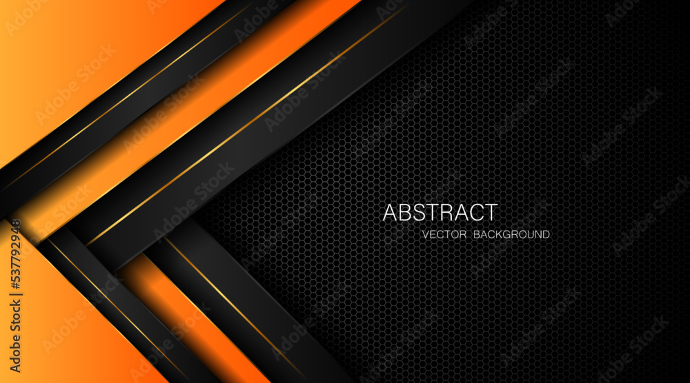 Dark steel mesh abstract background with black and orange polygon shapes, free space for design. modern technology innovation concept background	