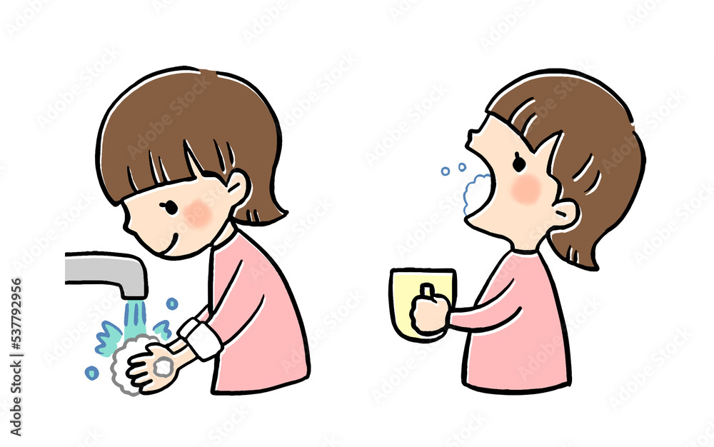 手洗いとうがいをする女の子のイラスト 手洗いとうがいをする女の子のイラスト