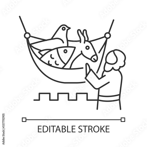 Apostle Peter vision linear icon. Sheet with unclean animals lowered from heaven. Bible narratives. Thin line illustration. Contour symbol. Vector outline drawing. Editable stroke. Arial font used