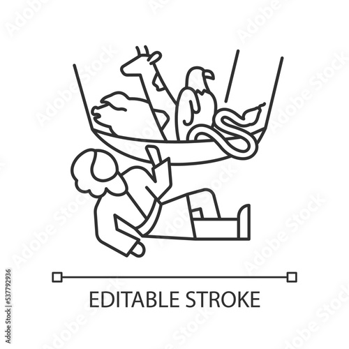 Peter vision linear icon. Vessel full of animals lowered from heaven. God send sign. Bible narratives. Thin line illustration. Contour symbol. Vector outline drawing. Editable stroke. Arial font used