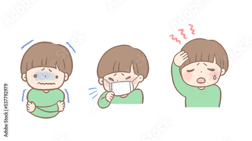 風邪をひいた子どものイラストセット