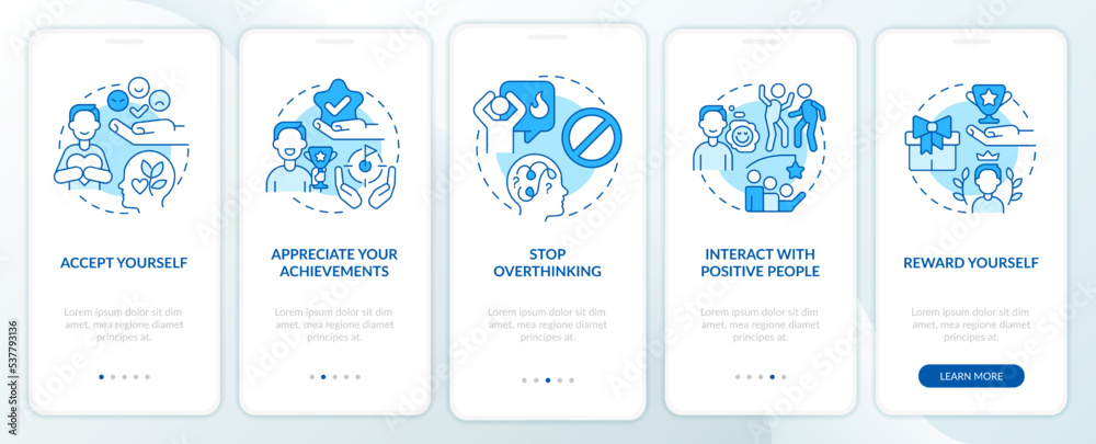 Dealing with confidence lack blue onboarding mobile app screen. Walkthrough 5 steps editable graphic instructions with linear concepts. UI, UX, GUI template. Myriad Pro-Bold, Regular fonts used