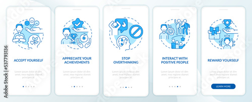 Dealing with confidence lack blue onboarding mobile app screen. Walkthrough 5 steps editable graphic instructions with linear concepts. UI, UX, GUI template. Myriad Pro-Bold, Regular fonts used