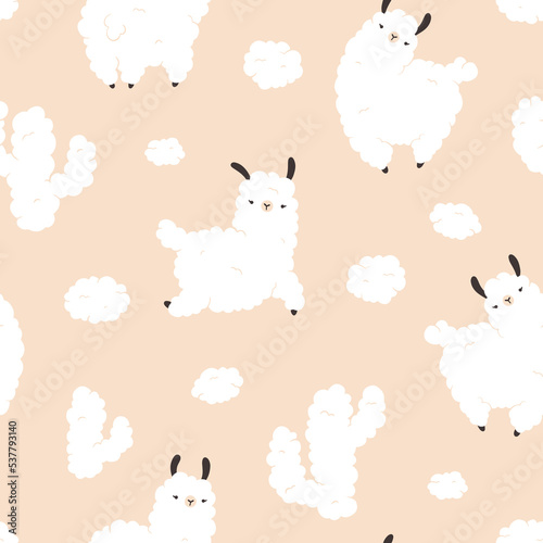 Llama clouds cacti seamless pattern. Cartoon white character in scandinavian style simple hand drawn childish style on beige background. Ideal for nursery, baby clothes, textiles, fabrics.