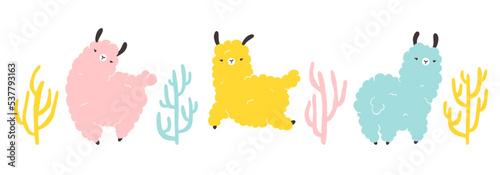 Llama set with cacti. Cartoon colorful character in scandinavian style simple hand drawn style. Isolated vector on white background. Ideal for nursery, postcard, poster.