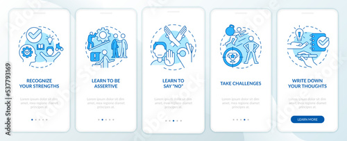 Improving self esteem ways blue onboarding mobile app screen. Walkthrough 5 steps editable graphic instructions with linear concepts. UI, UX, GUI template. Myriad Pro-Bold, Regular fonts used