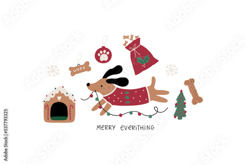 Cute cartoon dogs of different breeds and Christmas decorations, candy, gifts, garlands, cookies, bone. Festive vector illustration - dog on winter holidays in flat style. Christmas gifts for dogs