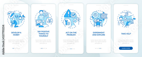 Self esteem improvement blue onboarding mobile app screen. Psychology walkthrough 5 steps editable graphic instructions with linear concepts. UI, UX, GUI template. Myriad Pro-Bold, Regular fonts used