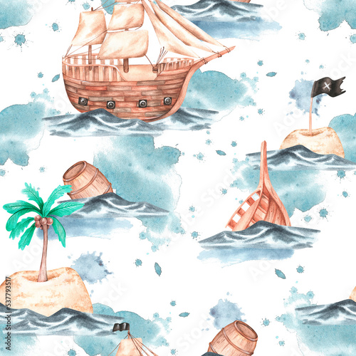 Pirate seamless pattern. Watercolor illustration.Isolated on a white background
