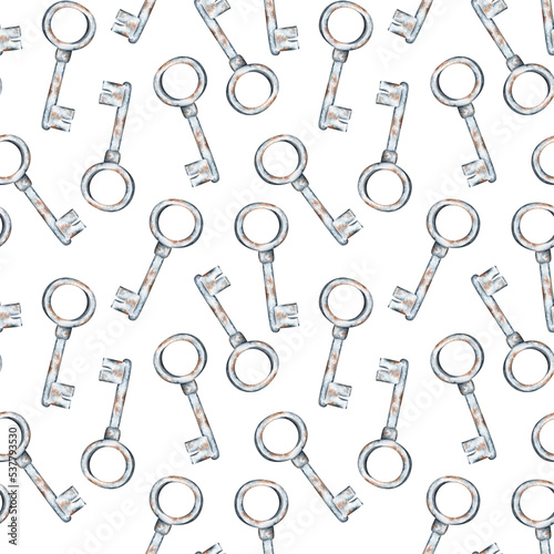Rusty iron key seamless pattern. Watercolor illustration. Isolated on a white background.