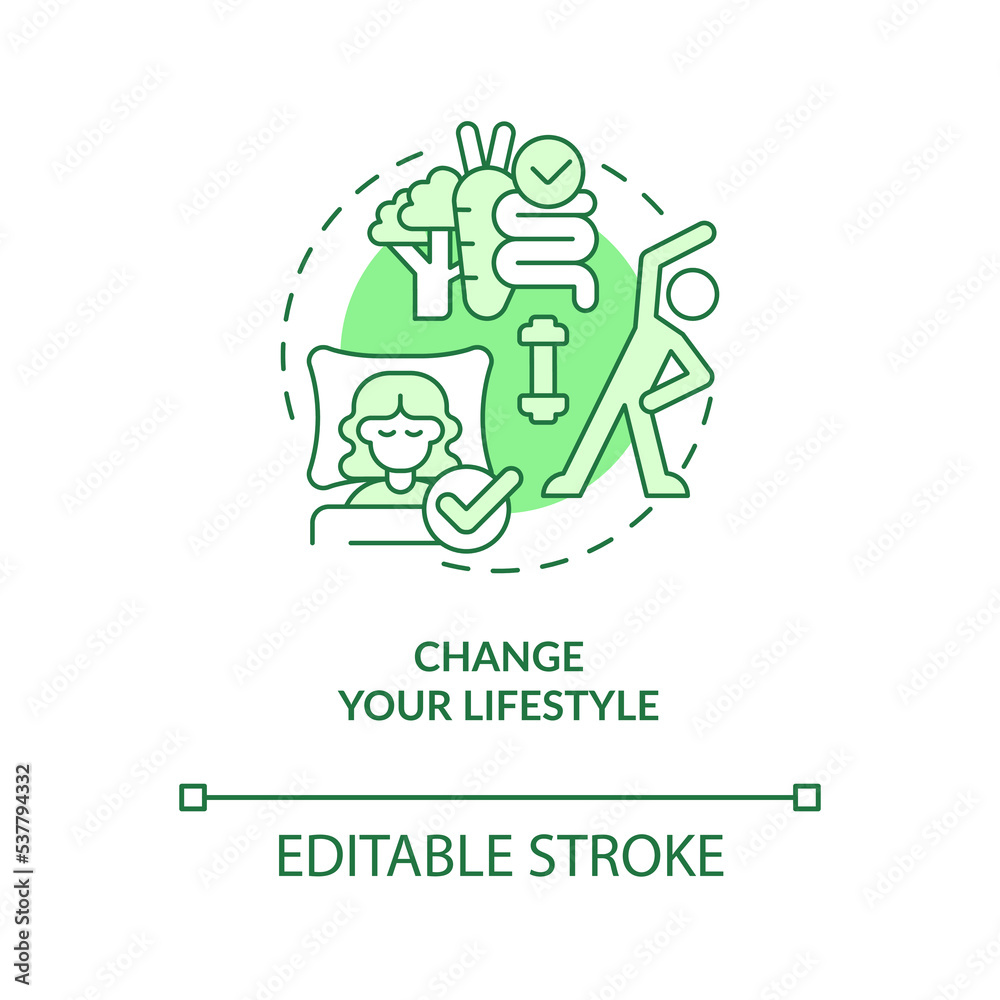 Change your lifestyle green concept icon. Healthy habits. Improving self esteem abstract idea thin line illustration. Isolated outline drawing. Editable stroke. Arial, Myriad Pro-Bold fonts used Change your lifestyle green concept icon. Healthy habits. Improving self esteem abstract idea thin line illustration. Isolated outline drawing. Editable stroke. Arial, Myriad Pro-Bold fonts used