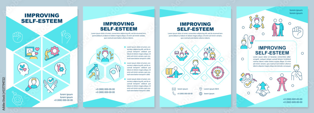 Improving self esteem turquoise brochure template. Confidence. Leaflet design with linear icons. Editable 4 vector layouts for presentation, annual reports. Arial-Black, Myriad Pro-Regular fonts used