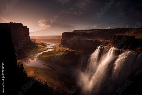 AI generated image of a summer landscape with a river ending in a large waterfall