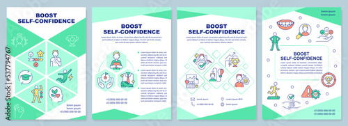 Boost self confidence green brochure template. Leaflet design with linear icons. Editable 4 vector layouts for presentation, annual reports. Arial-Black, Myriad Pro-Regular fonts used
