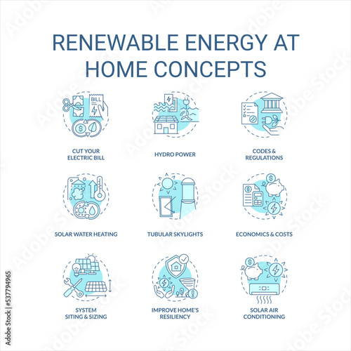 Renewable energy at home turquoise concept icons set. Eco friedly house. Green power idea thin line color illustrations. Isolated symbols. Editable stroke. Roboto-Medium, Myriad Pro-Bold fonts used