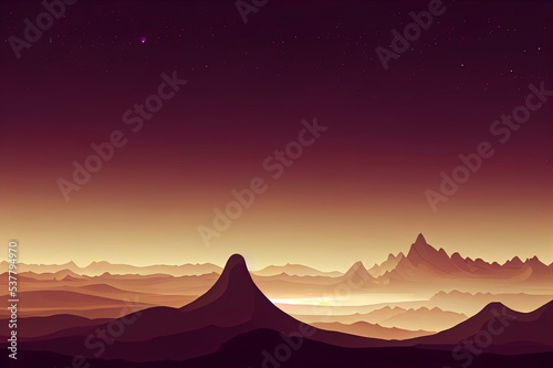 Mars surface  alien planet landscape. Night space game background with ground  mountains  stars  Saturn and Earth in sky. 2d cartoon fantastic illustration of cosmos and dark martian surface