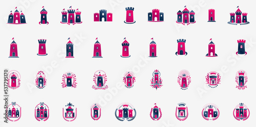 Castles logos big vector set, vintage heraldic fortresses emblems collection, classic style heraldry design elements, ancient forts and citadels.