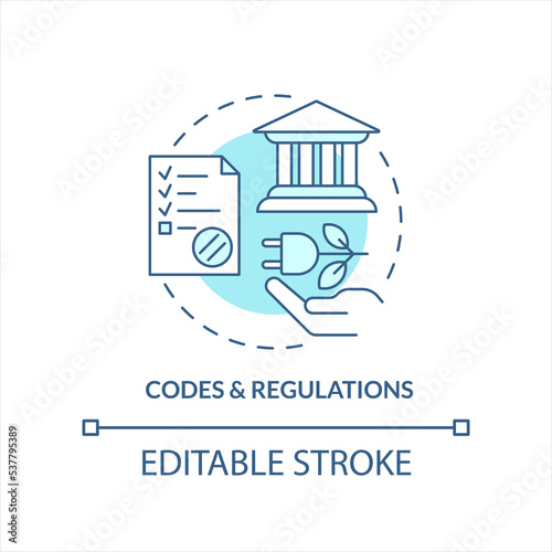 Codes and regulations turquoise concept icon. Eco power. Green energy requirements abstract idea thin line illustration. Isolated outline drawing. Editable stroke. Arial, Myriad Pro-Bold fonts used
