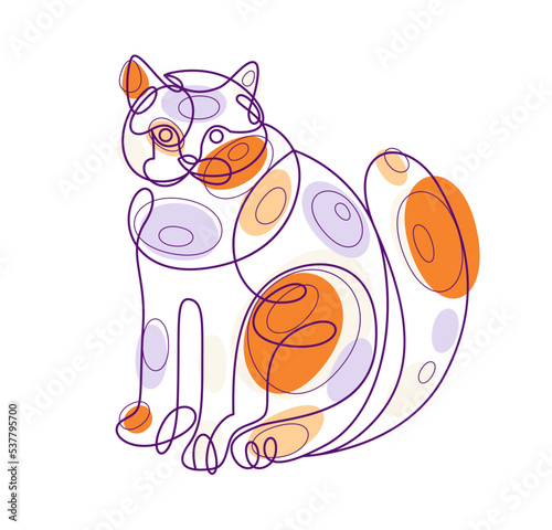 Fat and lazy cat line art vector illustration, linear drawing of pussycat relaxing, minimal outline sketch of cute domestic pet.