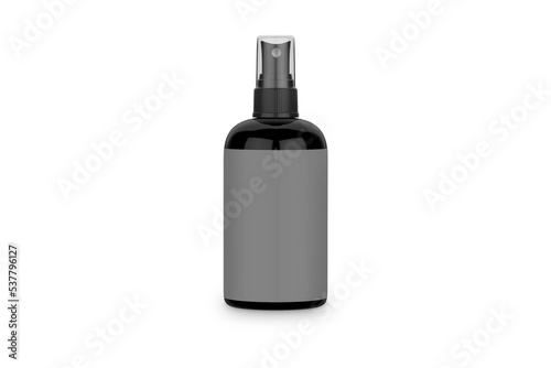 Black plastic spray bottle with empty label mockup isolated on white background. 3d rendering.
