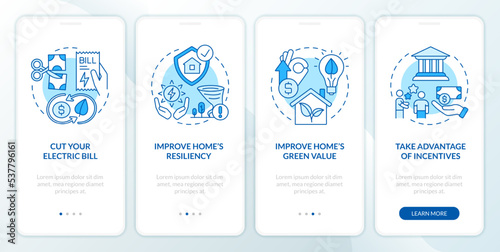 Considering green power reasons blue onboarding mobile app screen. Walkthrough 4 steps editable graphic instructions with linear concepts. UI, UX, GUI template. Myriad Pro-Bold, Regular fonts used