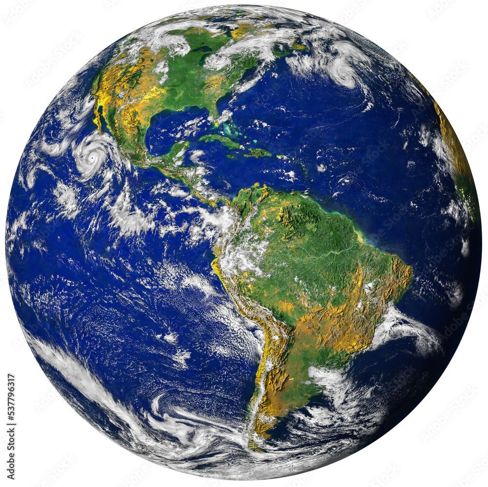 Planet earth globe from space isolated png image, north and south America physical map on a transparent background. Satellite photo. Elements of this image furnished by NASA. - obrazy, fototapety, plakaty 