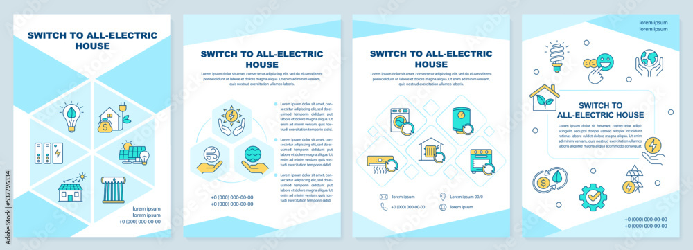 Switch to all-electric house brochure template. Efficient home. Leaflet design with linear icons. Editable 4 vector layouts for presentation, annual reports. Arial-Black, Myriad Pro-Regular fonts used